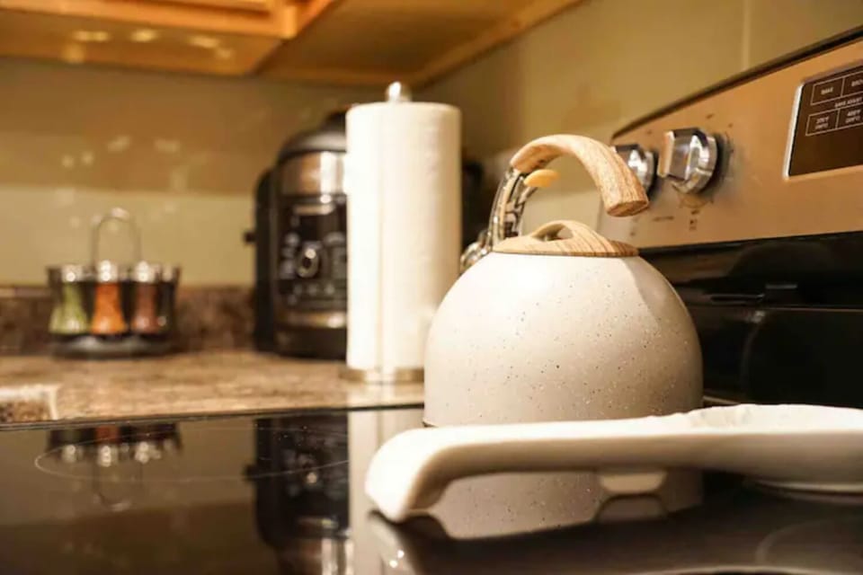 Well-stocked kitchen with modern stove and stylish tea kettle