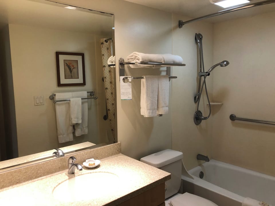 Your private bathroom features a shower-tub combo, fresh towels, and thoughtful accessibility features, ensuring comfort and convenience throughout your stay.