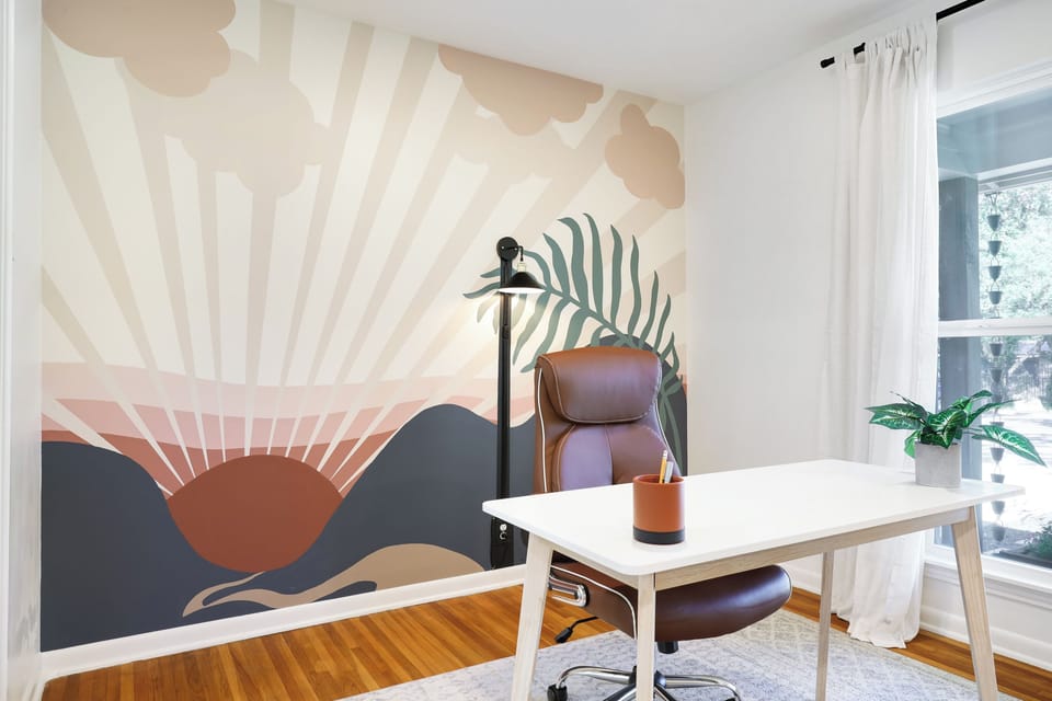 Hand painted mural by artist.  Creative workspace with lots of natural lighting
