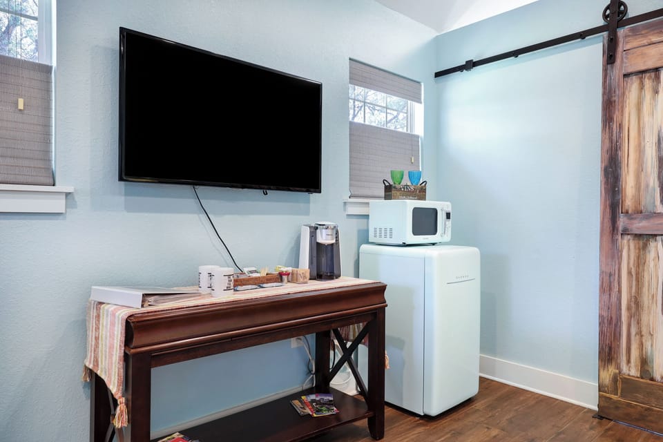 Mini fridge, microwave, Keurig coffee station, and plenty of coffee!