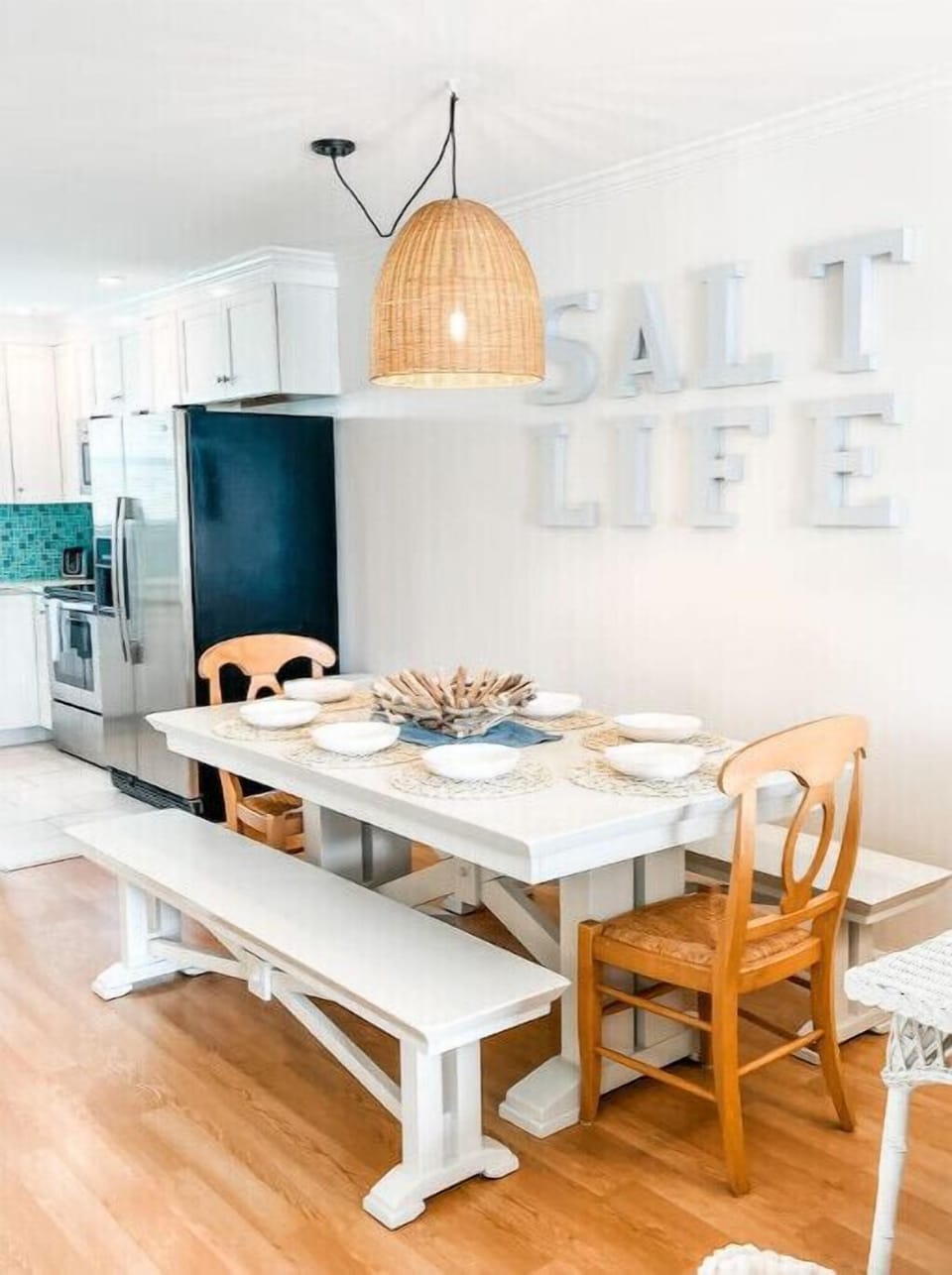 Dining table can seat up to 8 people for meals, family game night or puzzle time