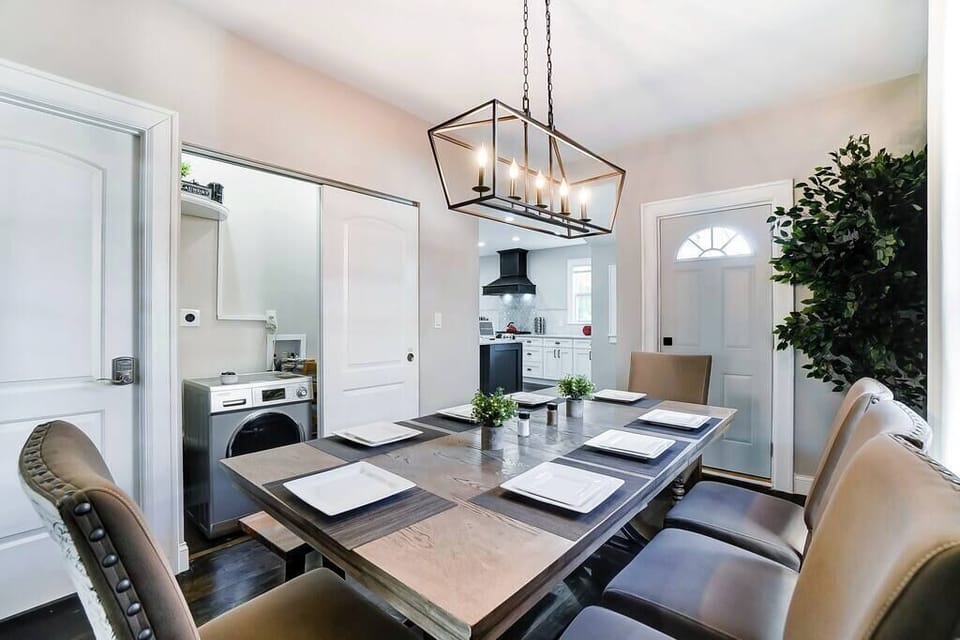 Dinning table sits 8 adults comfortably; Washing Dryer combo available for use (13lb Load Capacity)