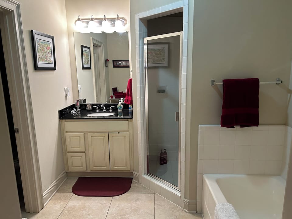 Master Bathroom with shower and bathtub.  Amenities provided.