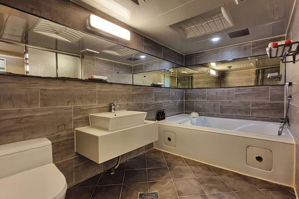Deluxe Double Room | Bathroom | Separate tub and shower, free toiletries, hair dryer, slippers