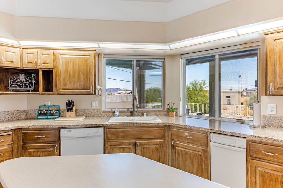 Spacious kitchen with ample counter space.