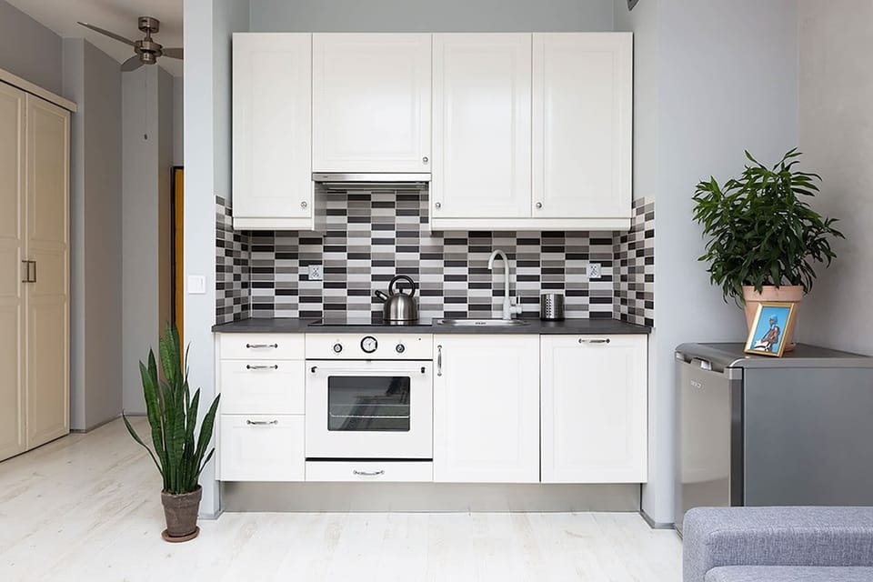 Fully equipped kitchen with white cabinets, modern backsplash, and decorative greenery.

