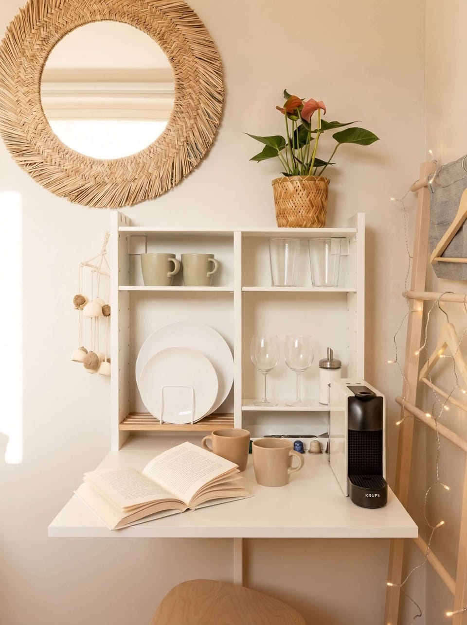 Cozy corner with table, where you can prepare your morning coffee