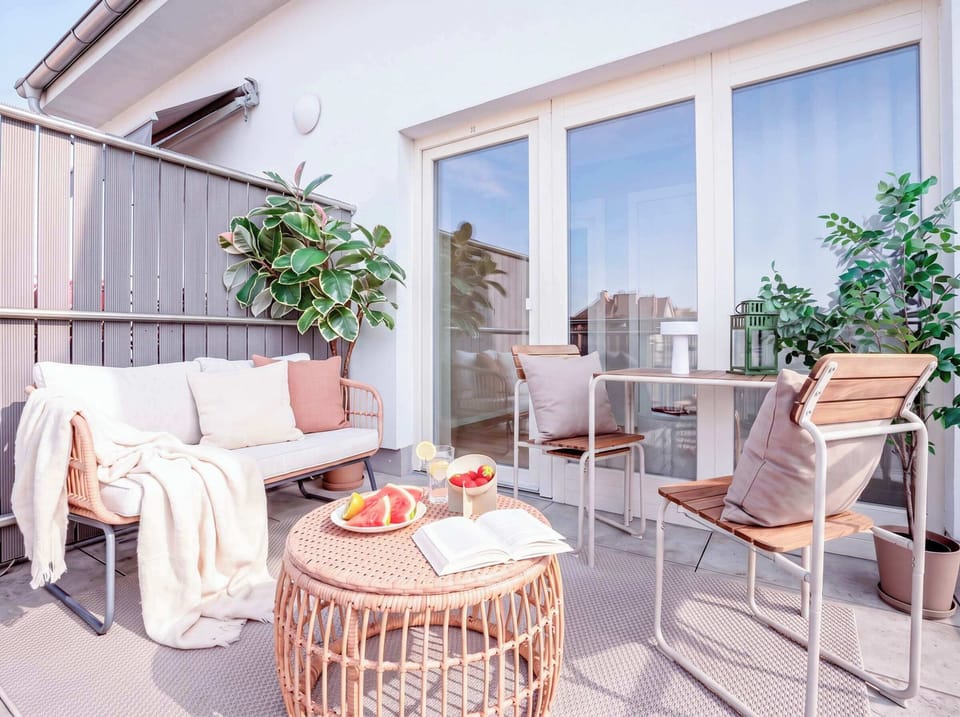 Outdoor terrace with comfortable seating area