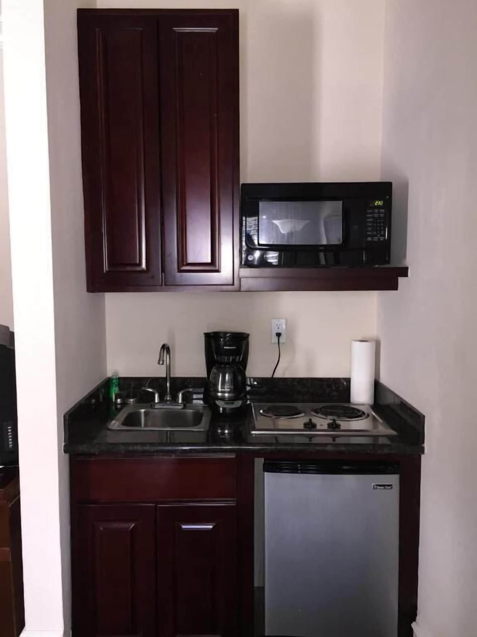 Mini-fridge, microwave, coffee/tea maker, toaster
