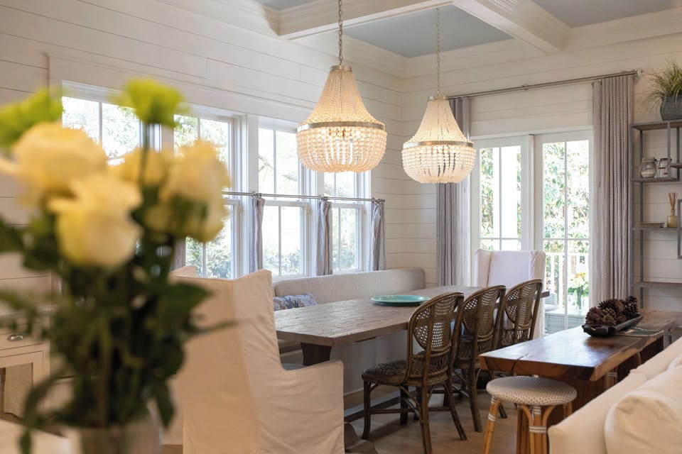 The kitchen flows into the dining area