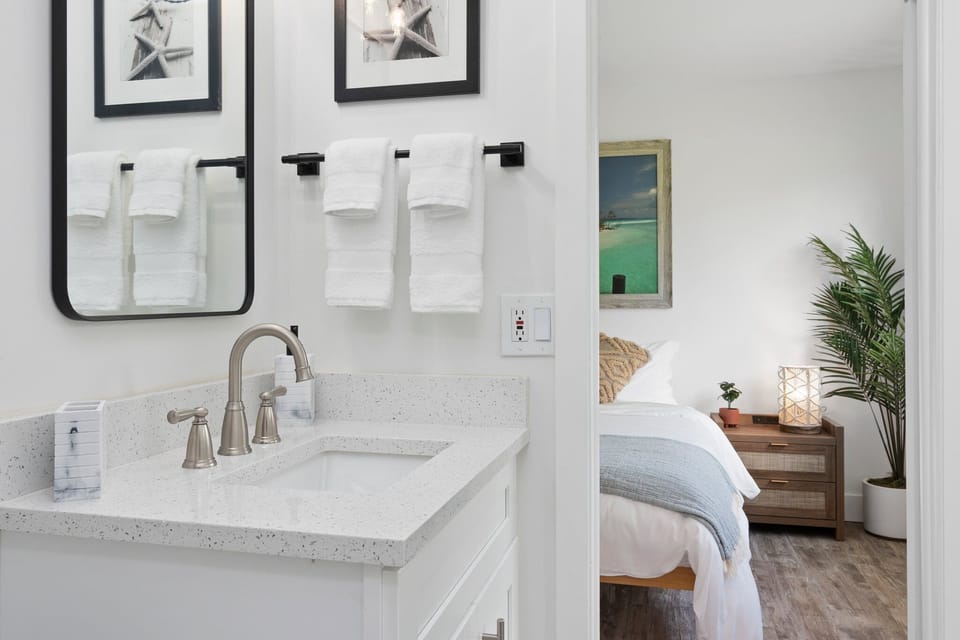Hotel-quality linens, luxe toiletries, hairdryer.