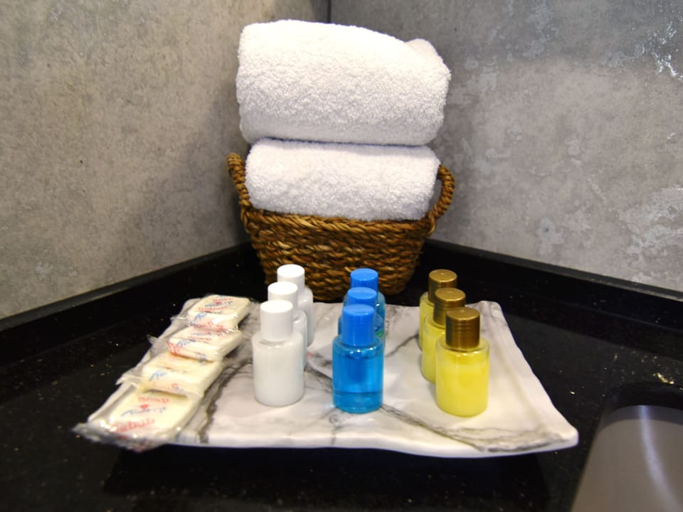 Shower, rainfall showerhead, free toiletries, hair dryer