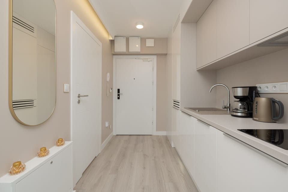 Hallway featuring a sleek, minimalist design with light wood flooring and stylish finishes.

