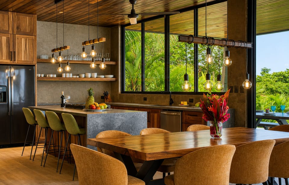 A spacious gourmet kitchen and dining area featuring premium appliances