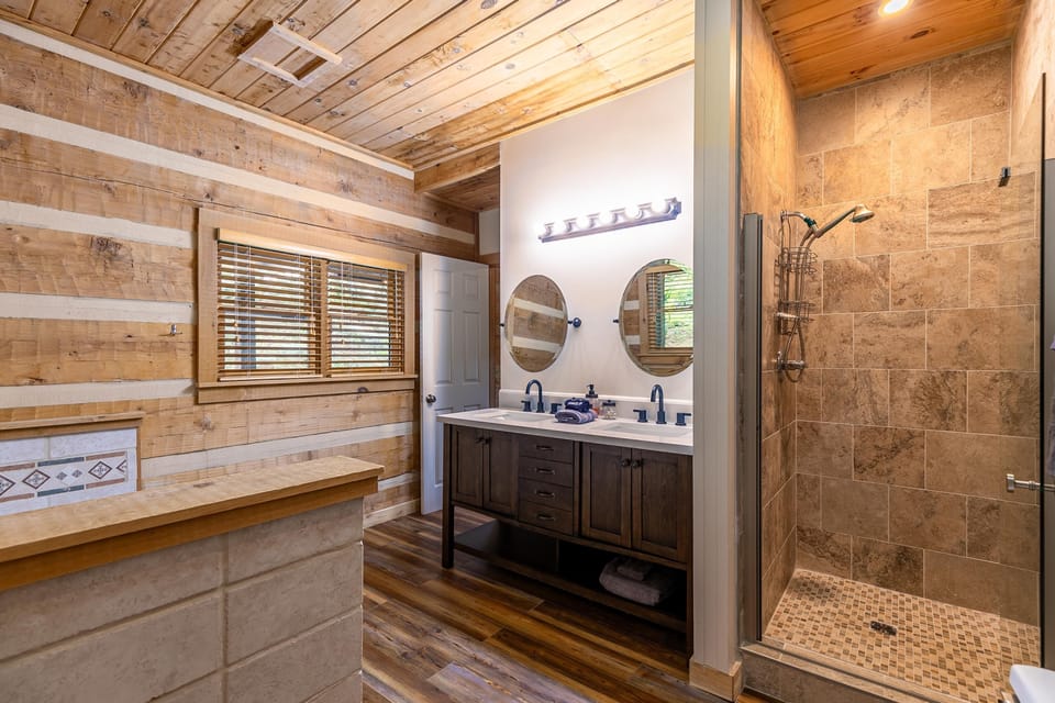 Main Level- Master bathroom- double sink, shower and tub