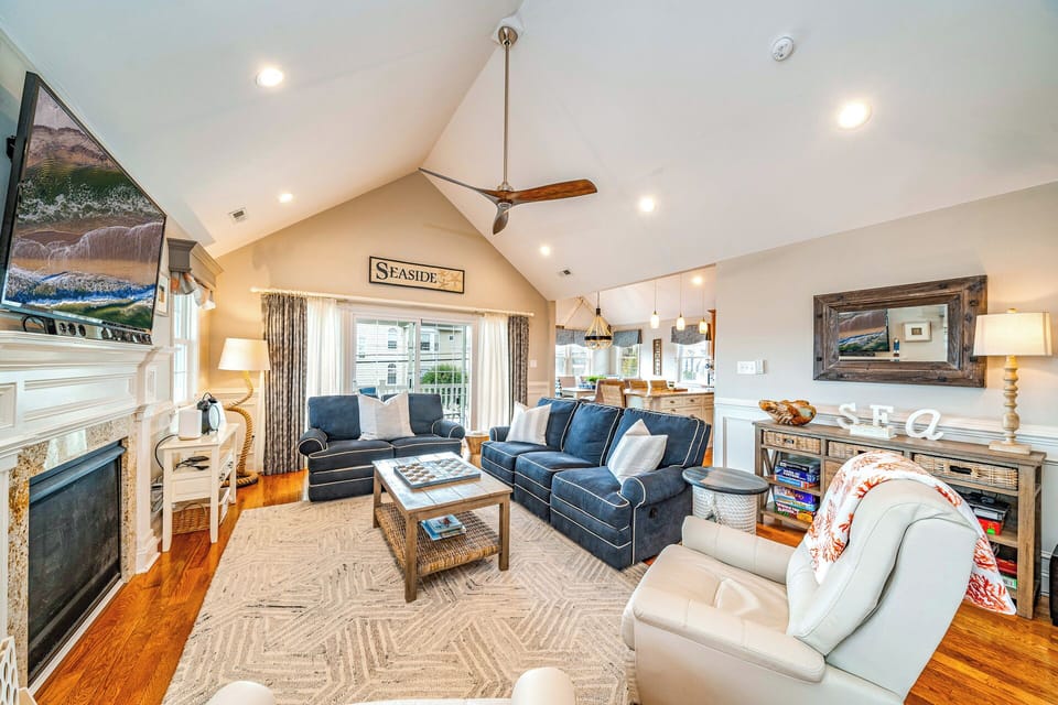 Open living room area with fireplace
