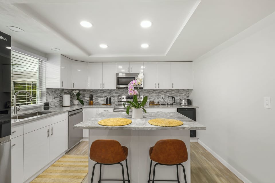Contemporary kitchen with stainless steel finishes and granite accents