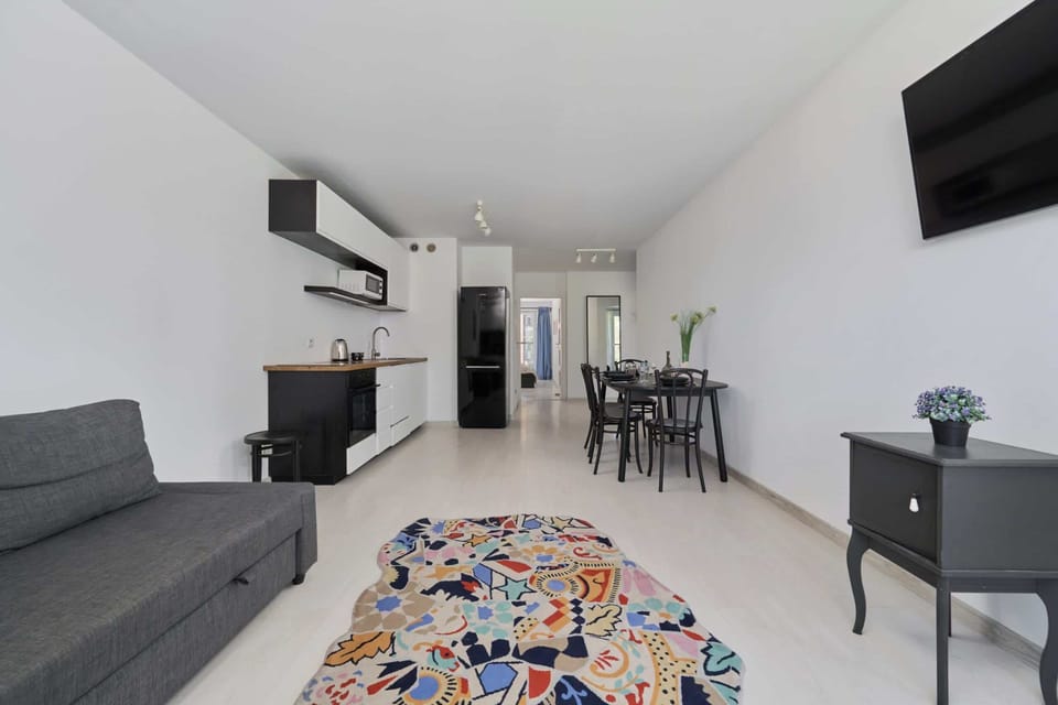 Living area with a sleek design, comfortable sofa, and a colorful rug adding a lively touch.

