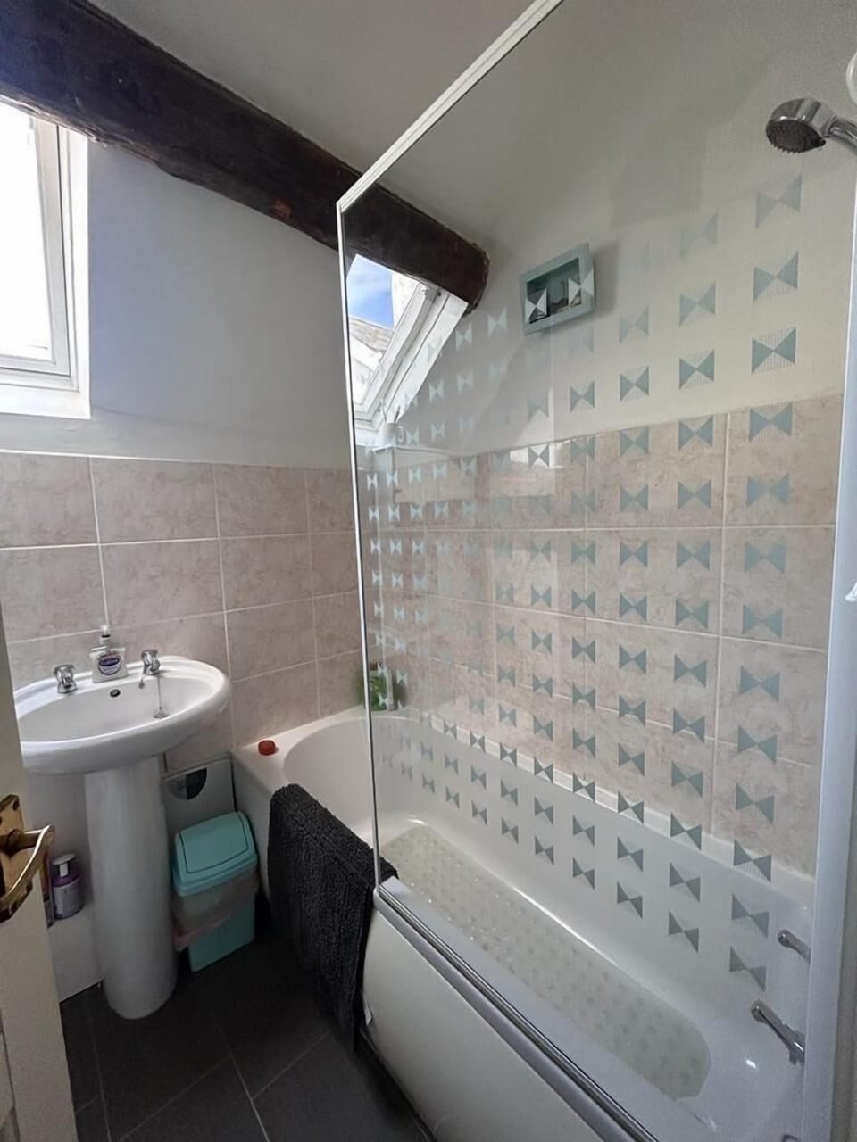 Combined shower/tub, free toiletries, hair dryer, towels