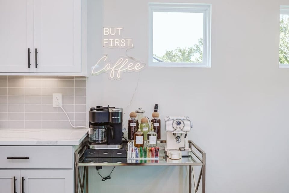 Our famous coffee bar has everything you need to make delicious drinks! From espresso to drip coffee to single-serve K cups to Matcha to flavored syrups, hot chocolate, assorted teas, coffee press, and more! Durham, Duke, amenity rich, workspaces