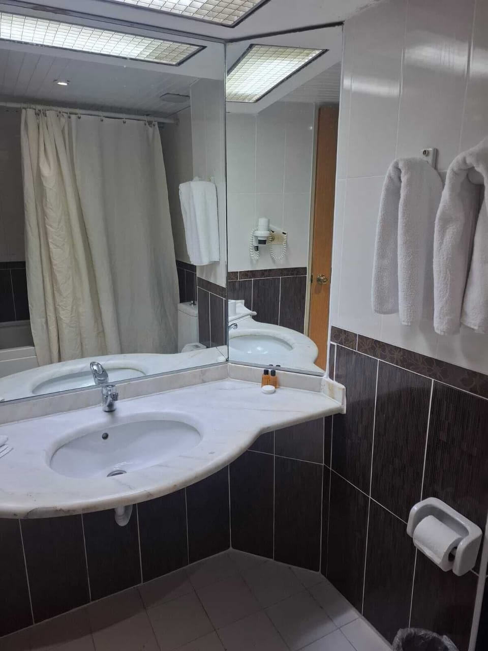 Combined shower/tub, free toiletries, hair dryer