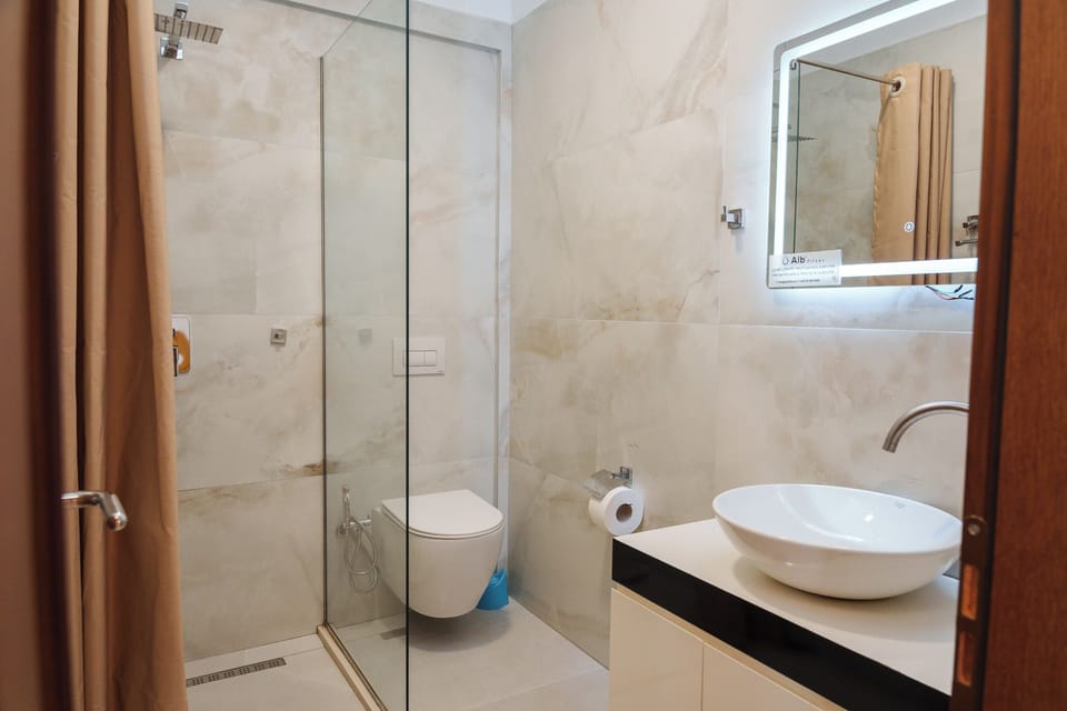 Shower, rainfall showerhead, hair dryer, bathrobes