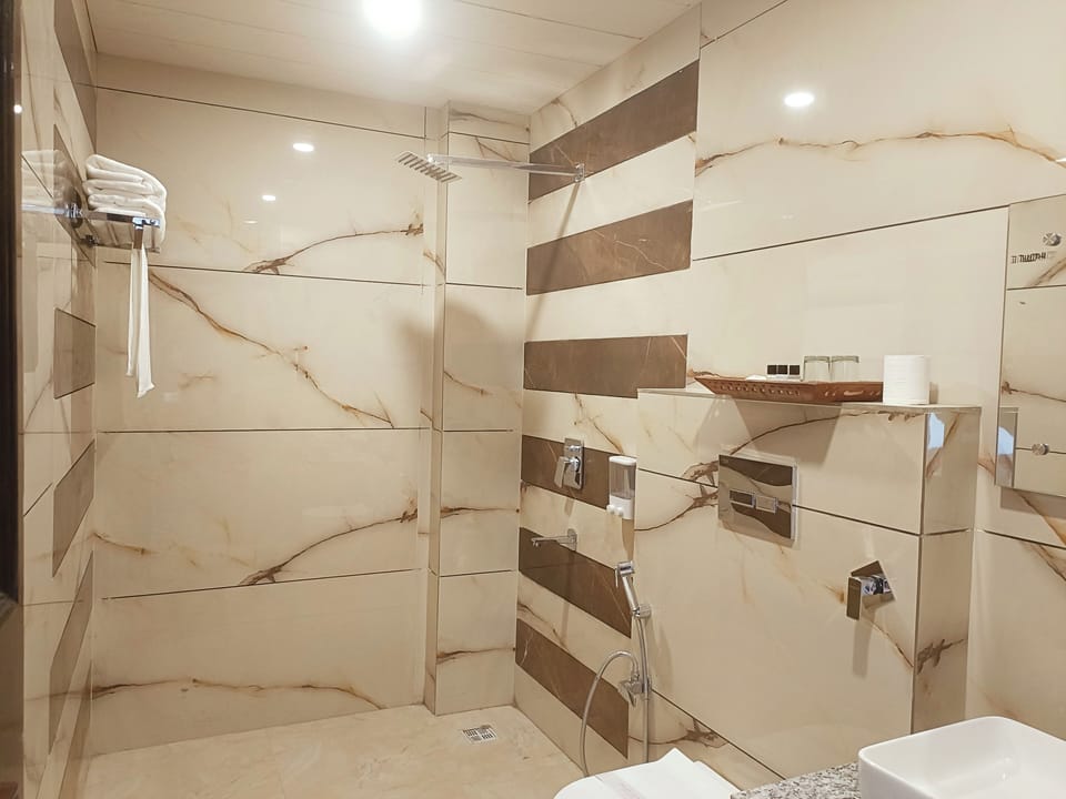Shower, rainfall showerhead, hair dryer, children's robes