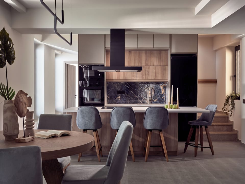 The rough-luxe kitchen is well-equipped for a self-catering stay.