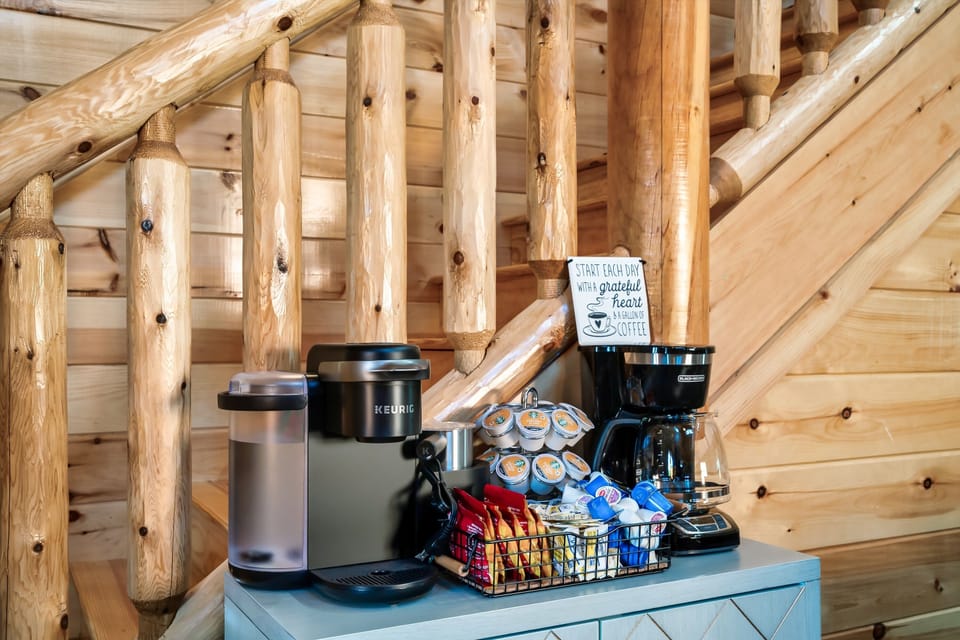 Coffee Station: Brew your perfect cup with a stylish Keurig, fresh pods, and delightful treats!