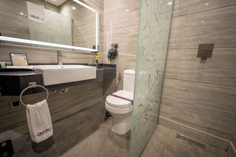 Shower, rainfall showerhead, hair dryer, bathrobes