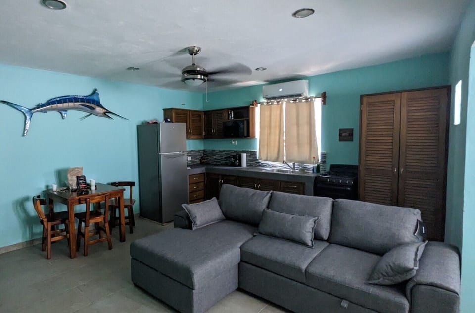 Living room and well appointed kitchen