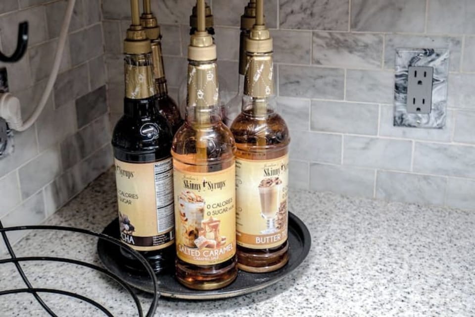 Syrups for adding to drinks. 