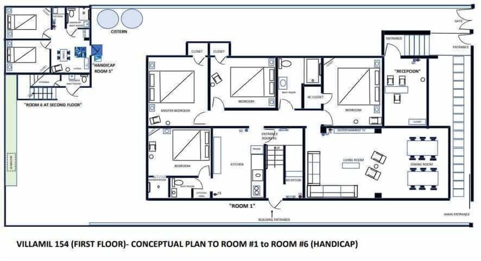 This is an 8 bedrooms rental it has 4 bedrooms the Room#1 at the back it has Room #5 at the first floor and Room #6 on the second floor with total of 4 more bedrooms for a total of 8 bedrooms and 4 bathrooms. 