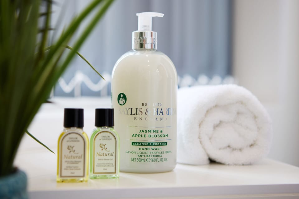 Shower, hydromassage showerhead, hair dryer, towels