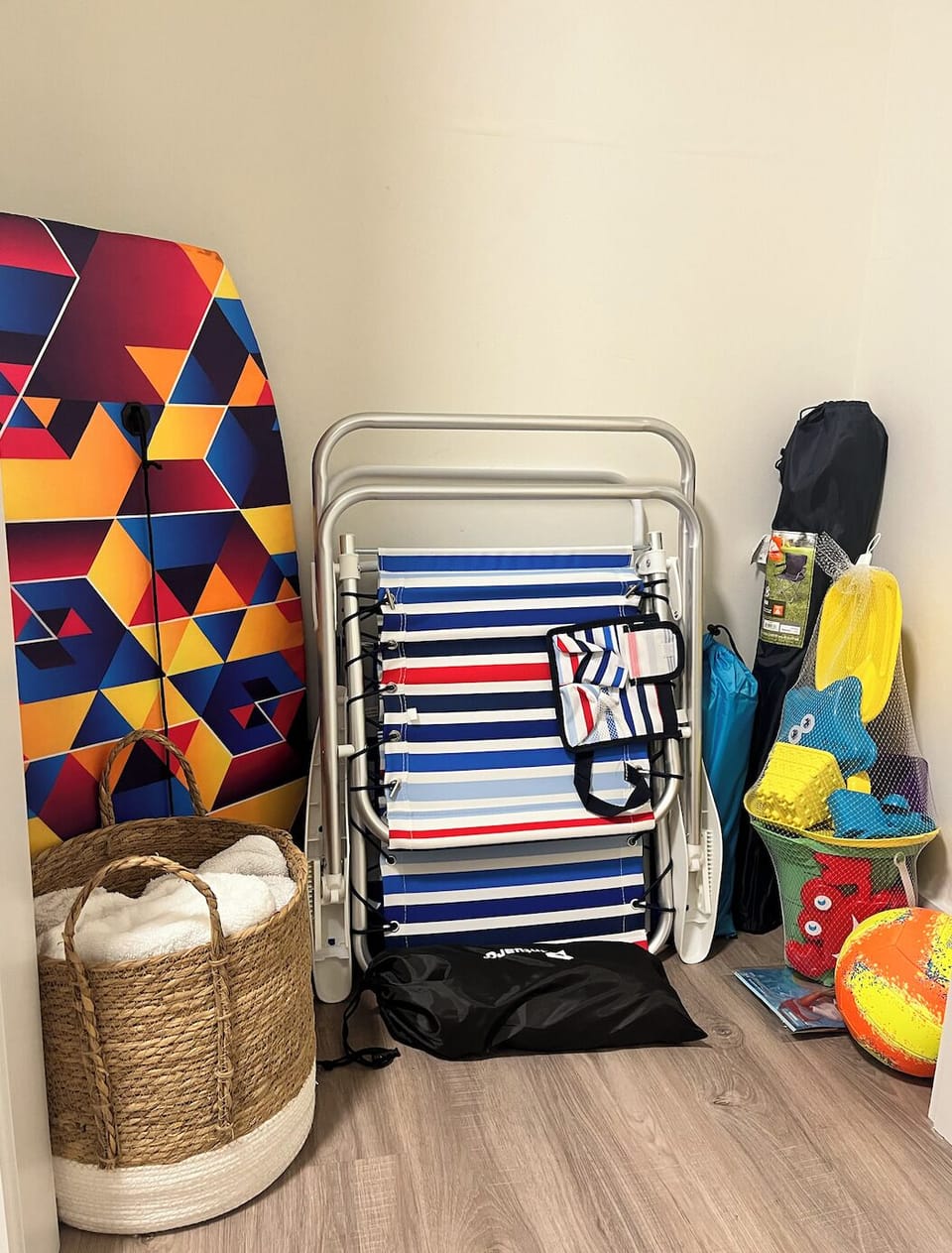 Beach chairs, loungers, water boards and sand toys provided