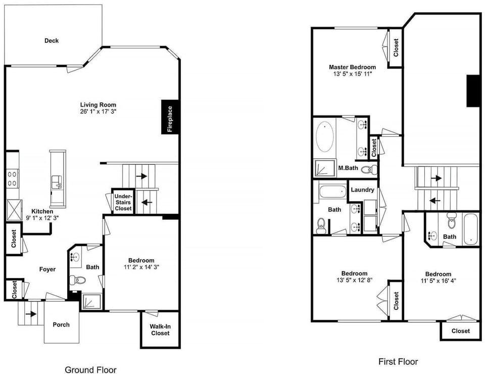 This detailed floor plan shows your spacious multi-level retreat with four bedrooms, three baths, and an open living area perfect for group getaways.