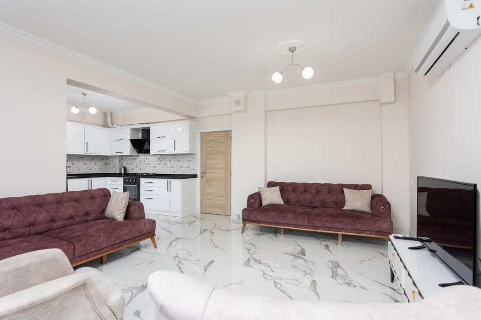 Open-plan living room with sofas, kitchen, A/C, WiFi internet, and satellite TV
