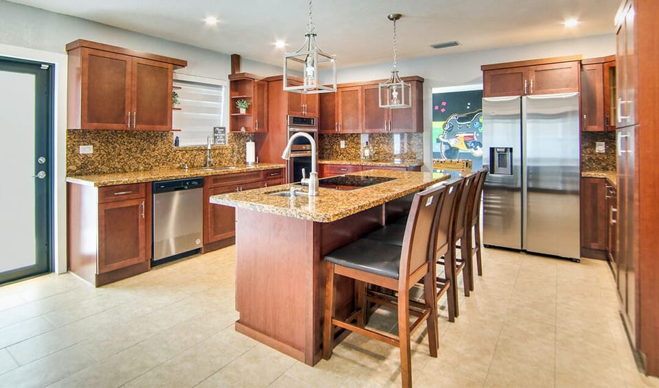 Spacious kitchen with island seating.