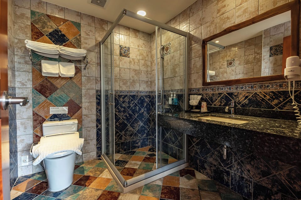 Shower, rainfall showerhead, hair dryer, slippers
