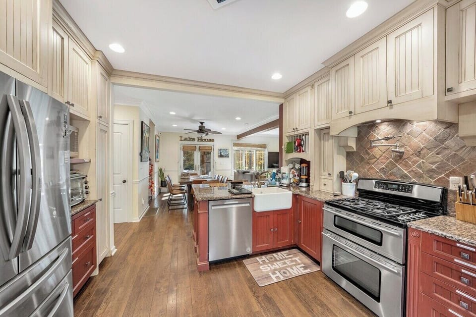 kitchen is fully stocked with everything from pots, pans, oils, and spices to coffee and tea.