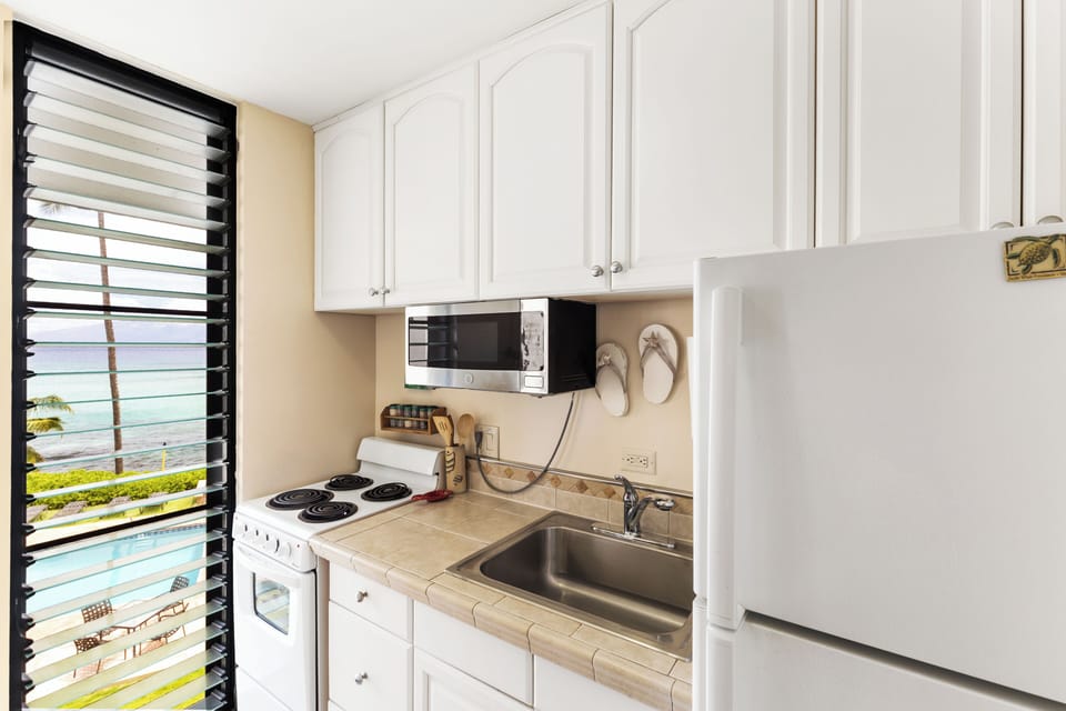 Kitchen equipped to prepare meals
