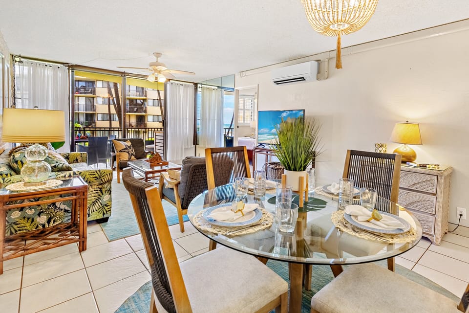 Enjoy meals inside or outside on the Lanai