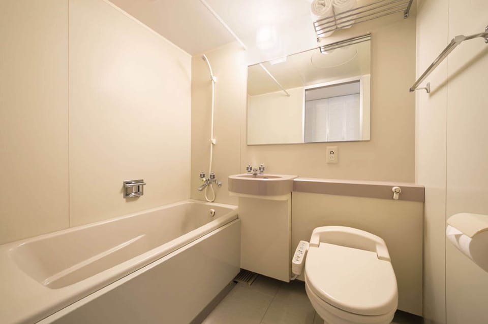 Combined shower/tub, free toiletries, hair dryer, slippers