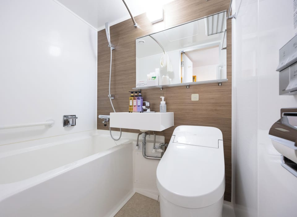 Separate tub and shower, hair dryer, slippers, bidet