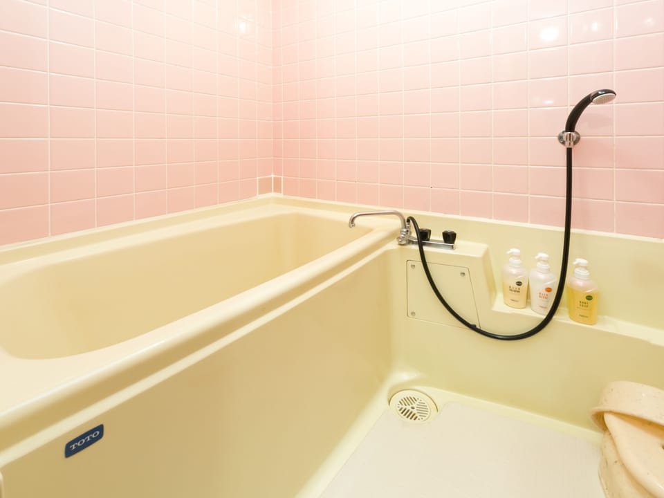 Combined shower/tub, free toiletries, hair dryer, slippers