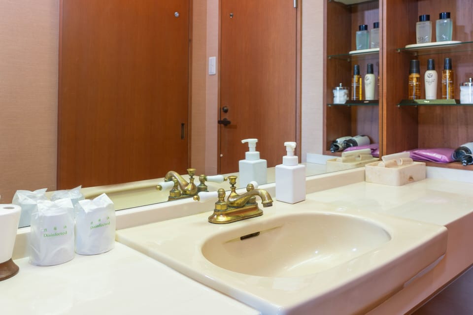 Combined shower/tub, free toiletries, slippers, electronic bidet