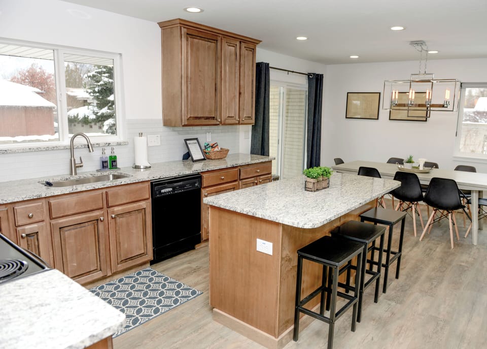 Spacious upstairs kitchen stocked with everything you need for a home-made meal