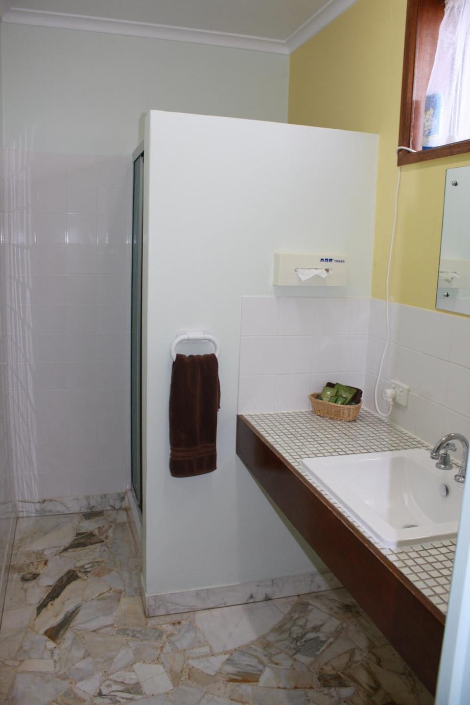 Shower, free toiletries, hair dryer, towels