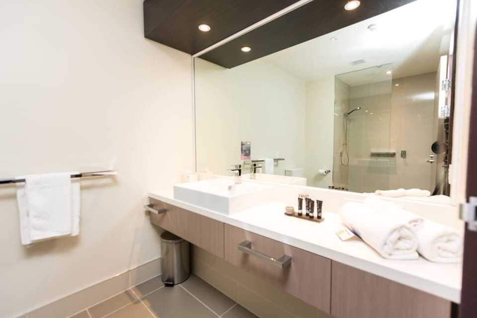Shower, free toiletries, hair dryer, towels