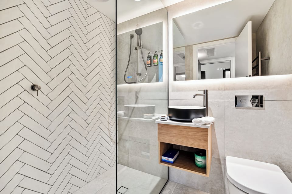 Shower, hydromassage showerhead, designer toiletries, hair dryer